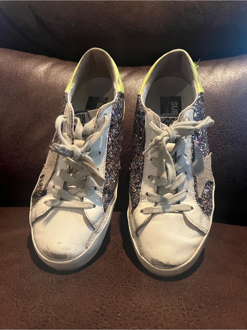 Golden Goose White Sneakers with Multicolor Glitter Panels and Yellow Heel
